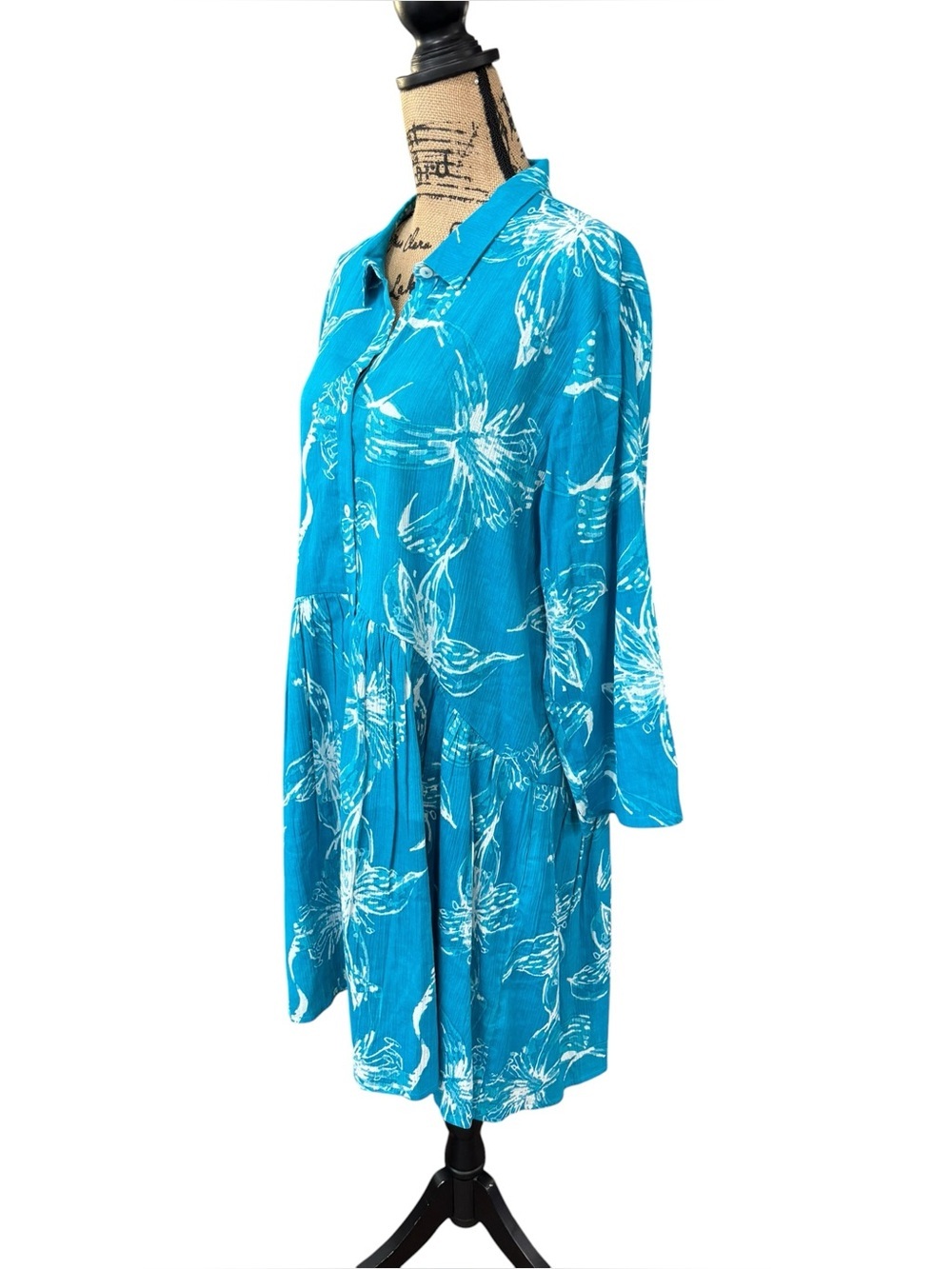 RO'S GARDEN Deauville Floral Mini Dress Button Front Collared Cotton Teal Large - Picture 9 of 9